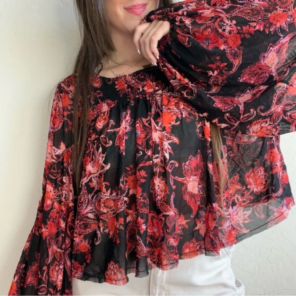 Free People Up for Anything Onyx Floral Boho Semi-Sheer Lined Smock Top Size M
